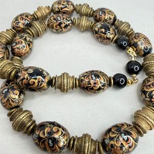 Vintage Floral Bead Necklace Black Gold Brass Boho Heavy
